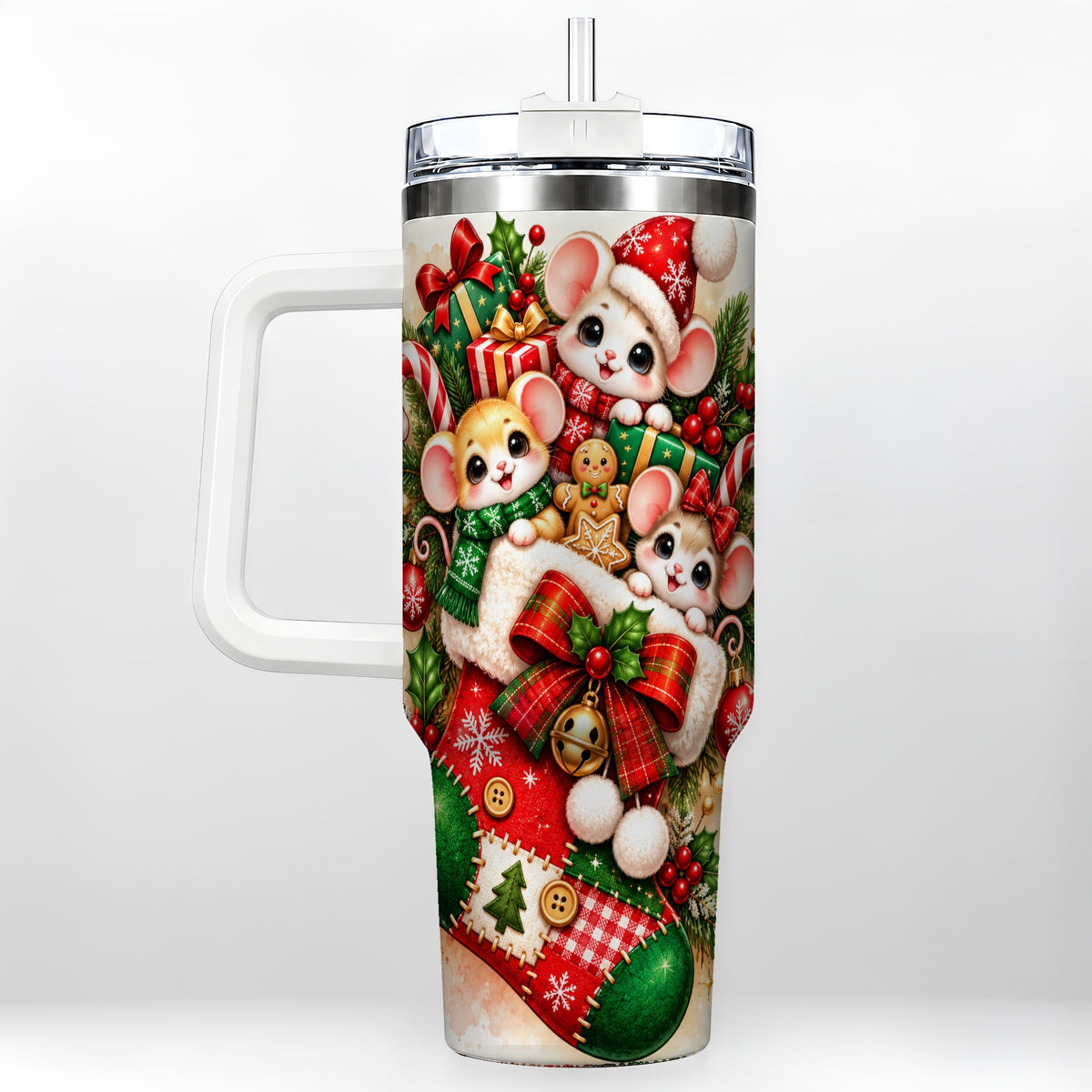 Christmas Mice 40oz Tumbler with Handle, Cute Holiday Stocking Art