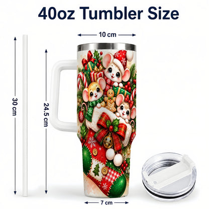 #pl[40oz|White] Christmas Mice 40oz Tumbler with Handle, Cute Holiday Stocking Art