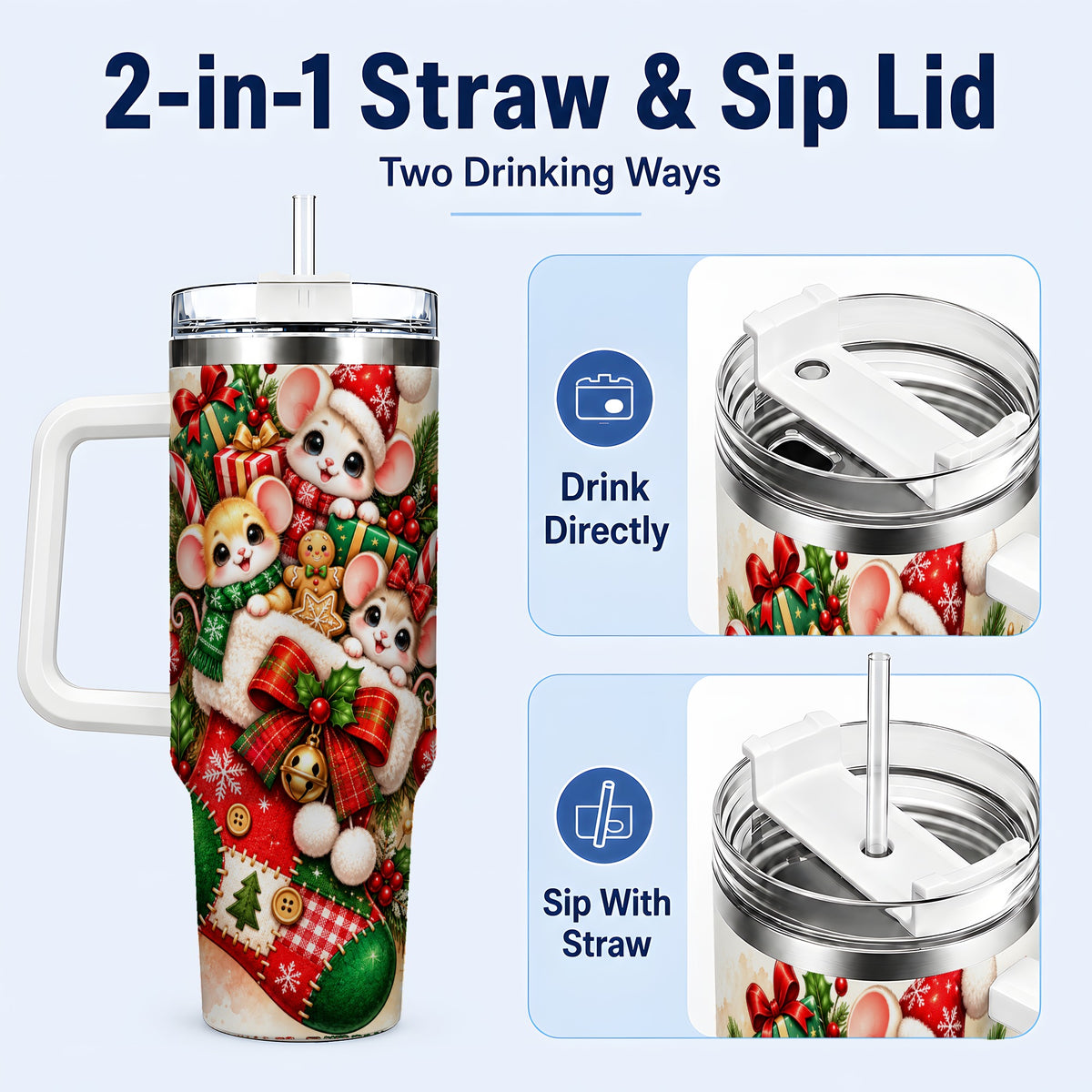 #pl[40oz|White] Christmas Mice 40oz Tumbler with Handle, Cute Holiday Stocking Art
