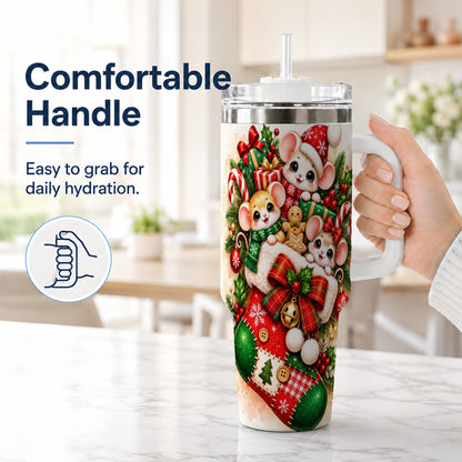 #pl[40oz|White] Christmas Mice 40oz Tumbler with Handle, Cute Holiday Stocking Art