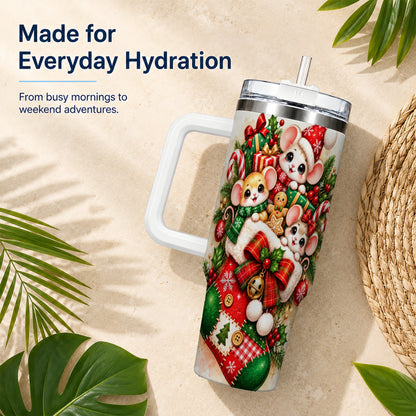 Christmas Mice 40oz Tumbler with Handle, Cute Holiday Stocking Art