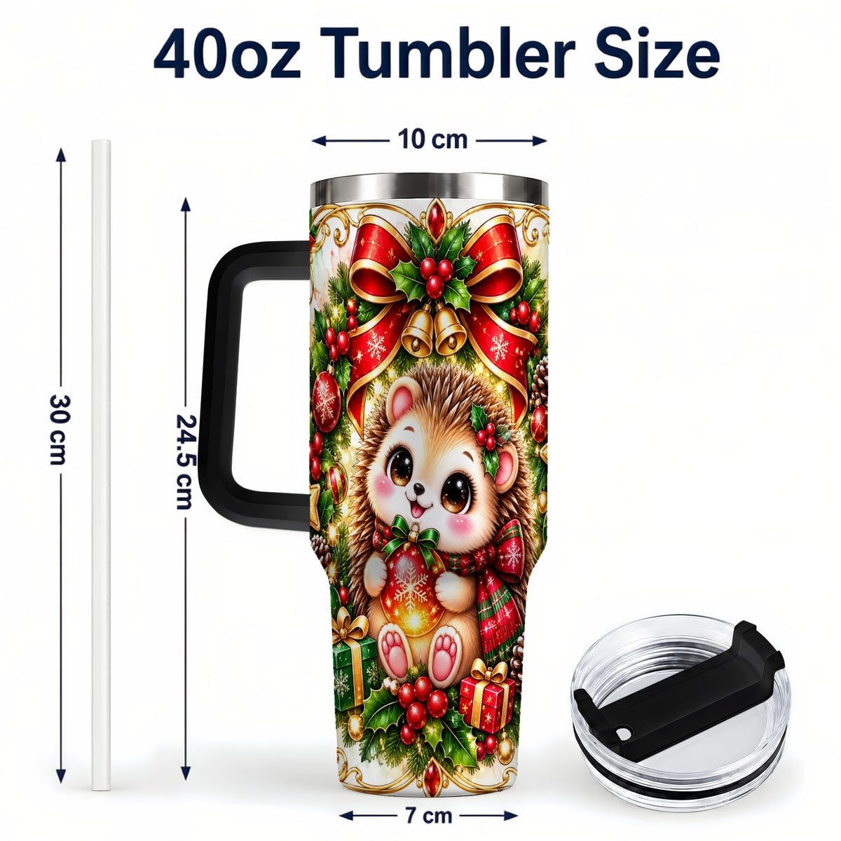 #pl[40oz|Black] Christmas Hedgehog 40oz Tumbler with Handle, Woodland Holiday Design