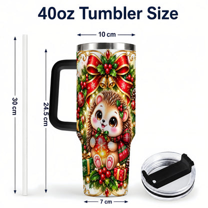 #pl[40oz|Black] Christmas Hedgehog 40oz Tumbler with Handle, Woodland Holiday Design