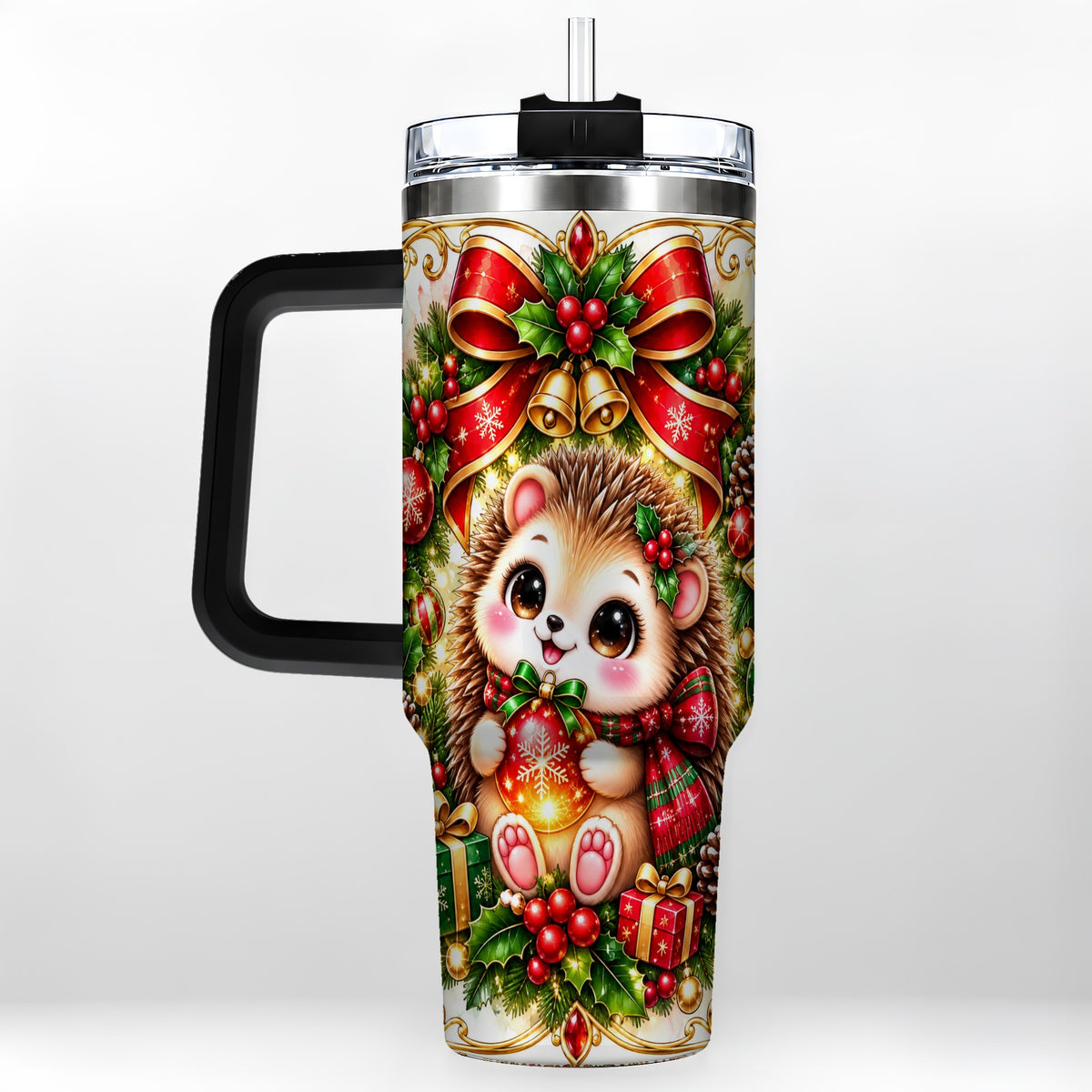 #pl[40oz|Black] Christmas Hedgehog 40oz Tumbler with Handle, Woodland Holiday Design