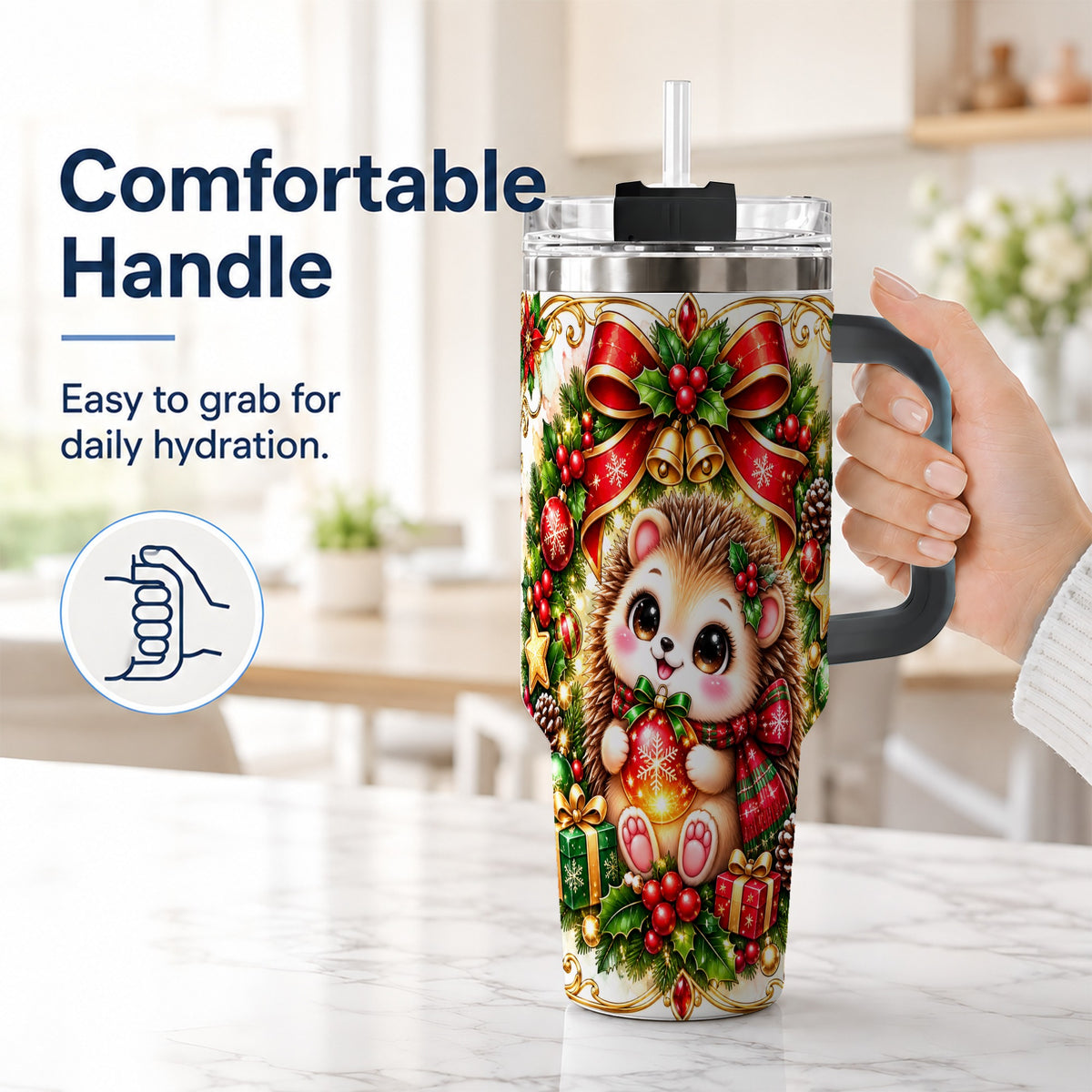 #pl[40oz|Black] Christmas Hedgehog 40oz Tumbler with Handle, Woodland Holiday Design
