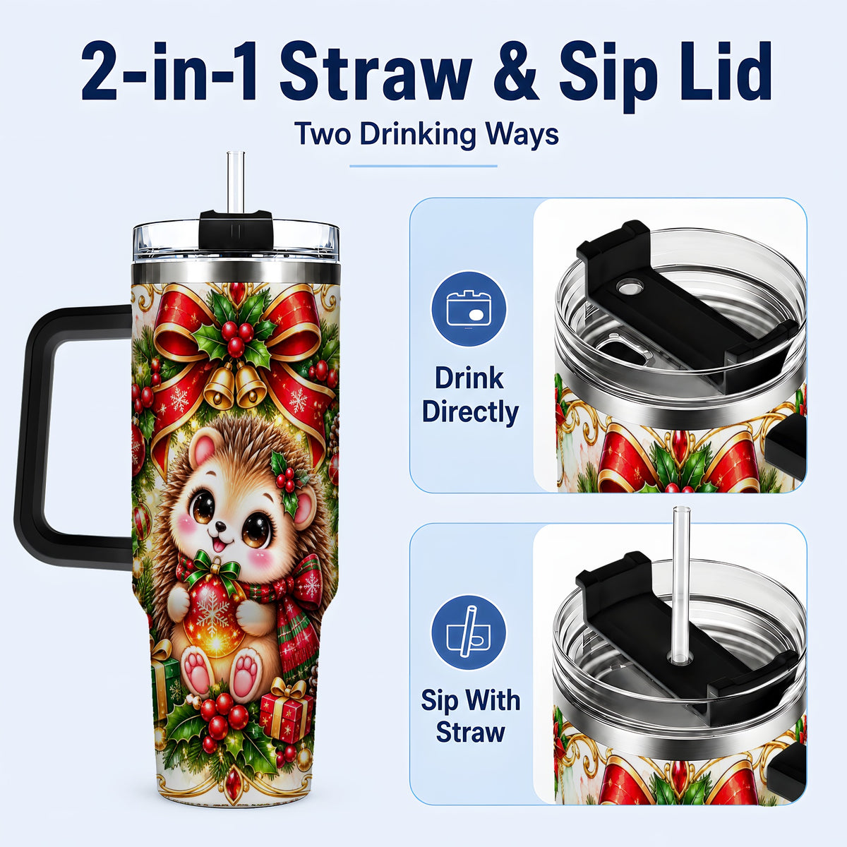 #pl[40oz|Black] Christmas Hedgehog 40oz Tumbler with Handle, Woodland Holiday Design