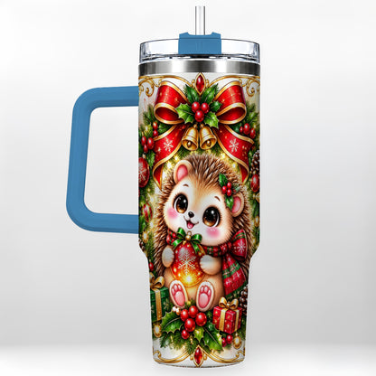 #pl[40oz|Blue] Christmas Hedgehog 40oz Tumbler with Handle, Woodland Holiday Design