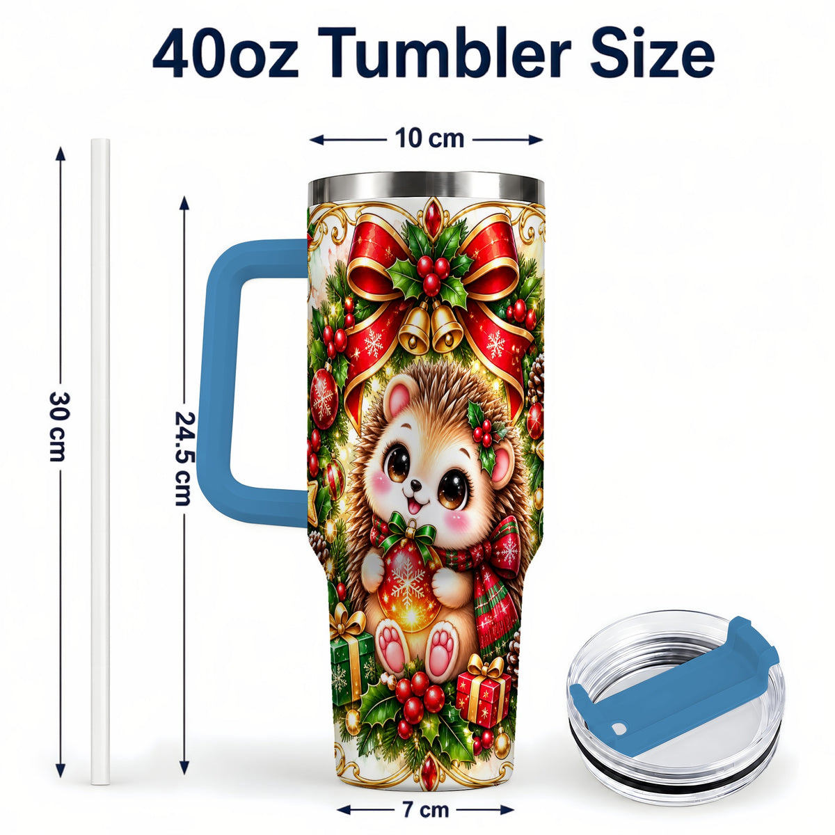 #pl[40oz|Blue] Christmas Hedgehog 40oz Tumbler with Handle, Woodland Holiday Design