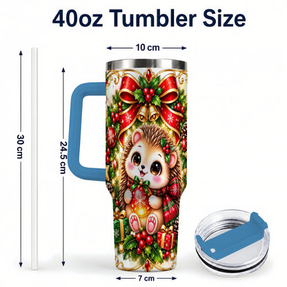#pl[40oz|Blue] Christmas Hedgehog 40oz Tumbler with Handle, Woodland Holiday Design