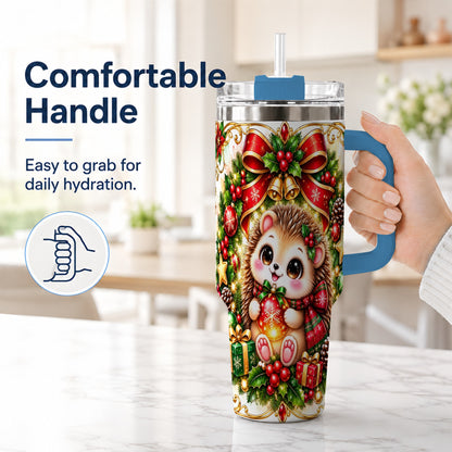 #pl[40oz|Blue] Christmas Hedgehog 40oz Tumbler with Handle, Woodland Holiday Design