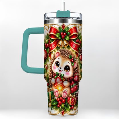 #pl[40oz|Green] Christmas Hedgehog 40oz Tumbler with Handle, Woodland Holiday Design
