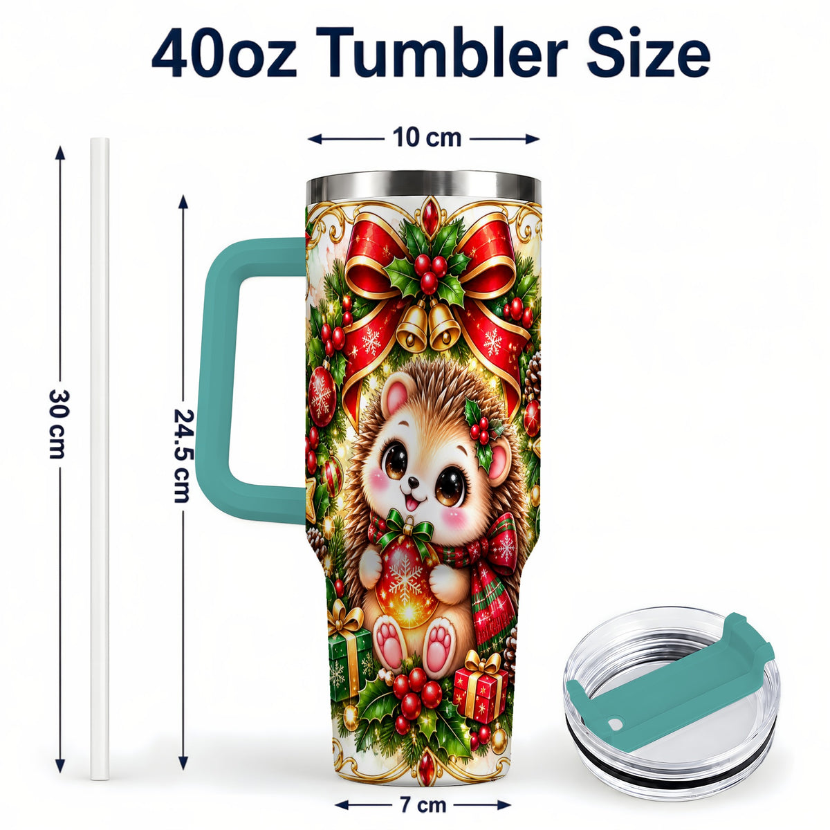 #pl[40oz|Green] Christmas Hedgehog 40oz Tumbler with Handle, Woodland Holiday Design