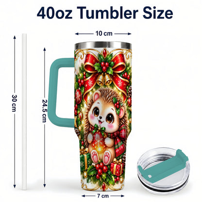 #pl[40oz|Green] Christmas Hedgehog 40oz Tumbler with Handle, Woodland Holiday Design
