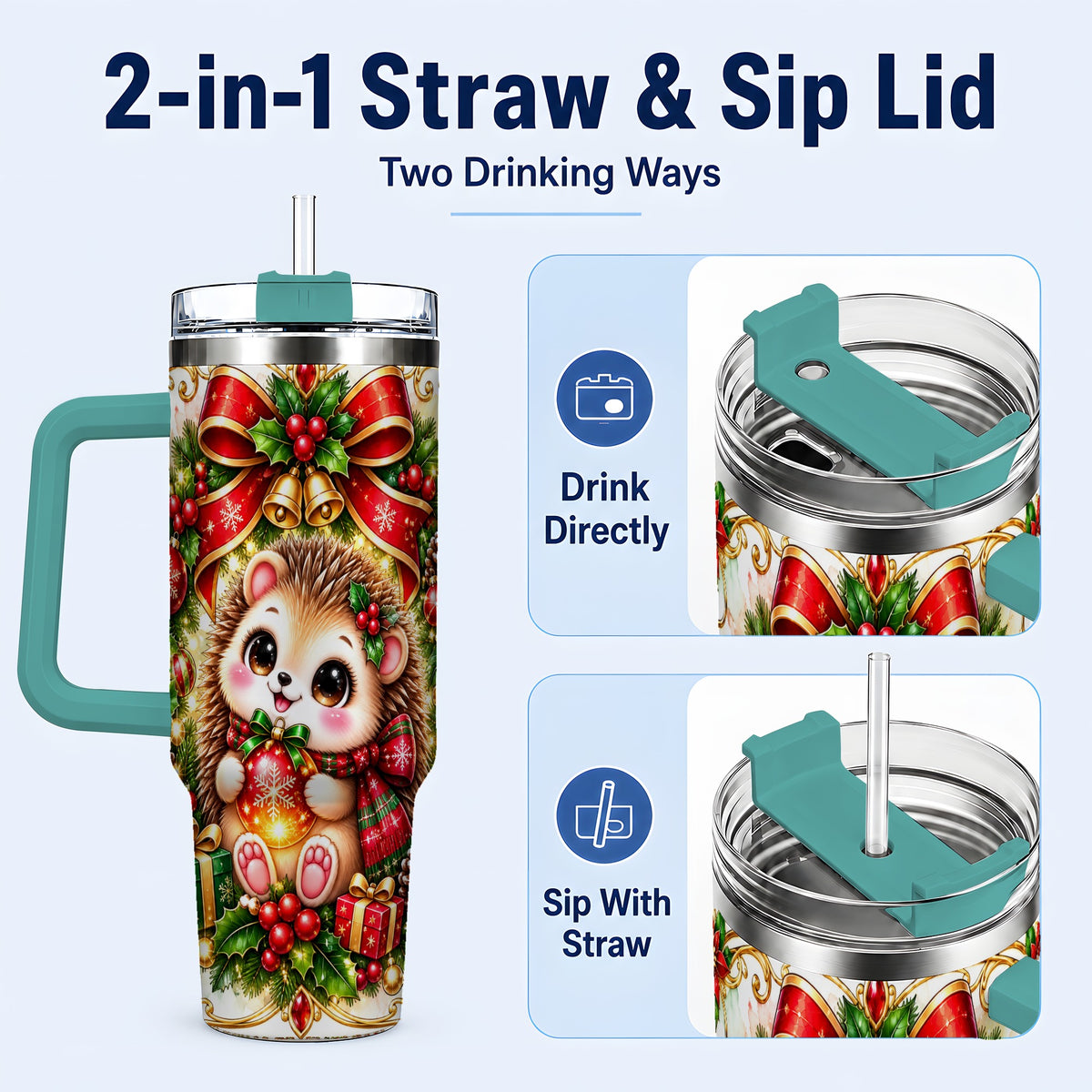 #pl[40oz|Green] Christmas Hedgehog 40oz Tumbler with Handle, Woodland Holiday Design