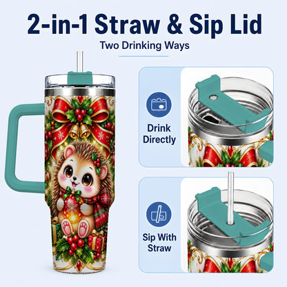 #pl[40oz|Green] Christmas Hedgehog 40oz Tumbler with Handle, Woodland Holiday Design