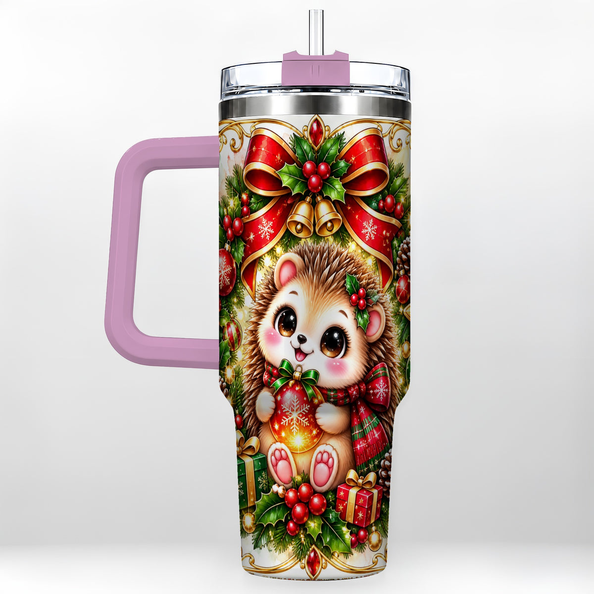 #pl[40oz|Pink] Christmas Hedgehog 40oz Tumbler with Handle, Woodland Holiday Design