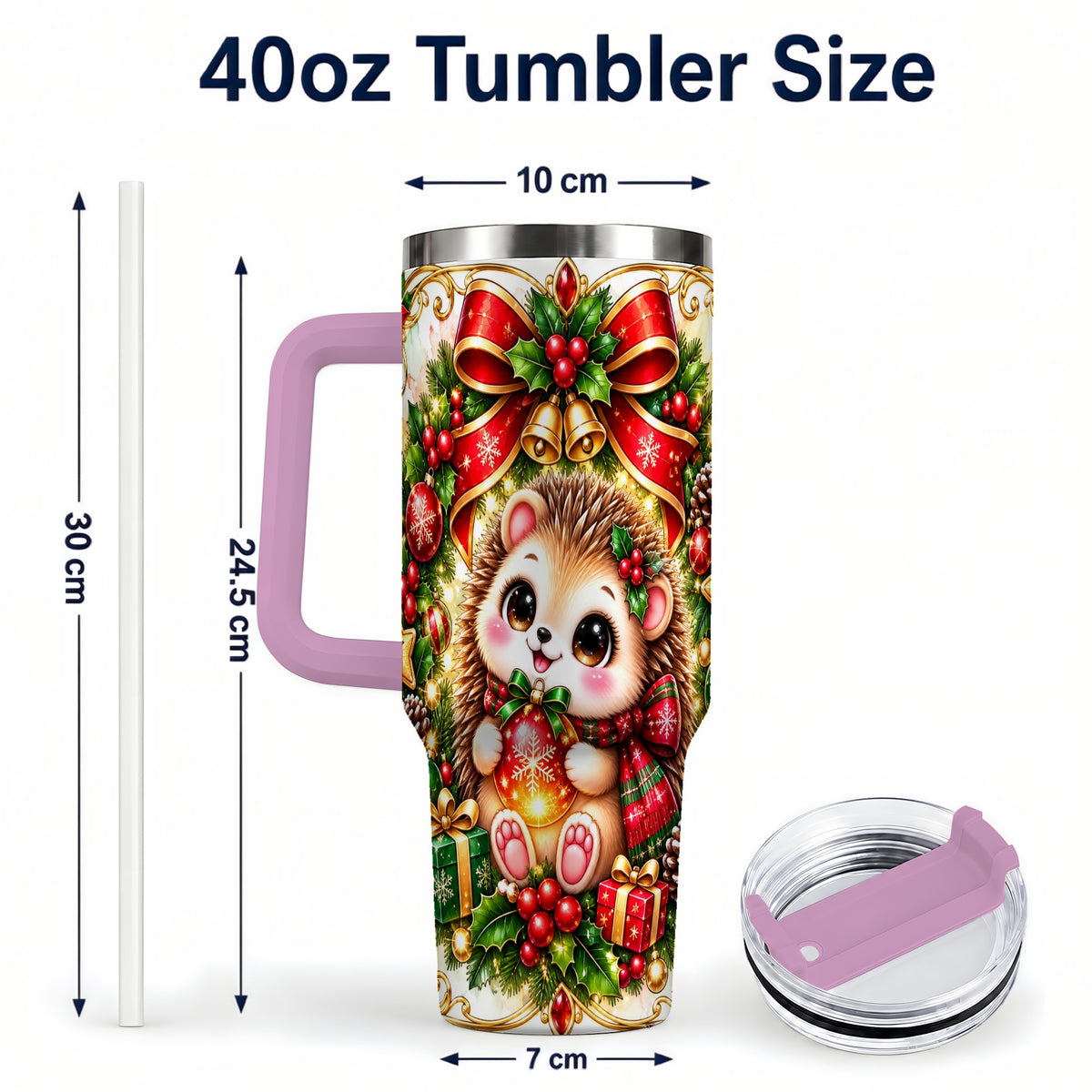 #pl[40oz|Pink] Christmas Hedgehog 40oz Tumbler with Handle, Woodland Holiday Design