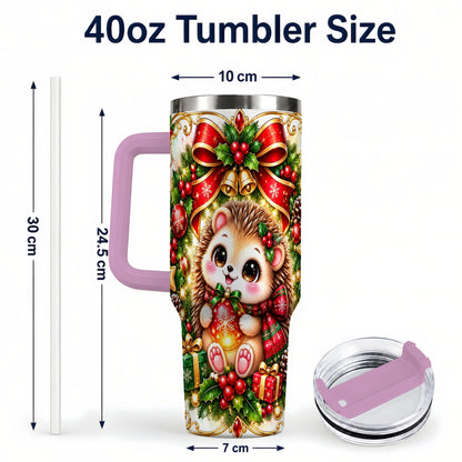 #pl[40oz|Pink] Christmas Hedgehog 40oz Tumbler with Handle, Woodland Holiday Design