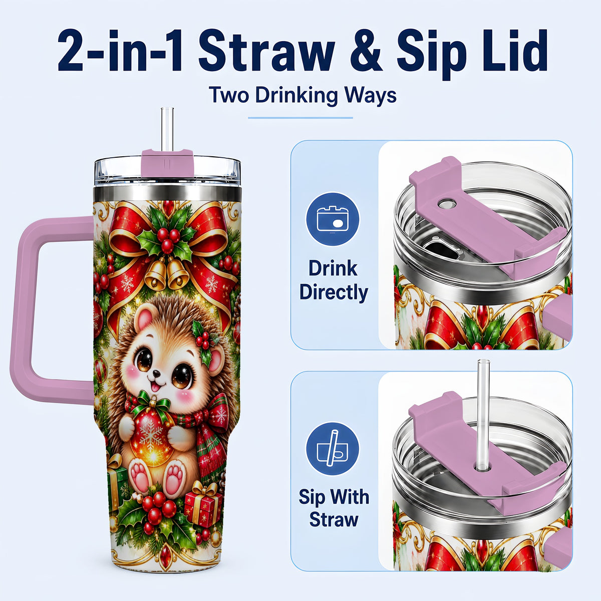 #pl[40oz|Pink] Christmas Hedgehog 40oz Tumbler with Handle, Woodland Holiday Design
