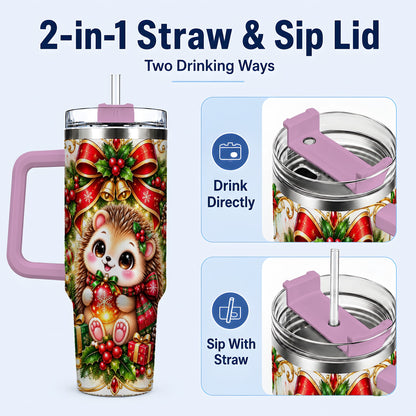 #pl[40oz|Pink] Christmas Hedgehog 40oz Tumbler with Handle, Woodland Holiday Design