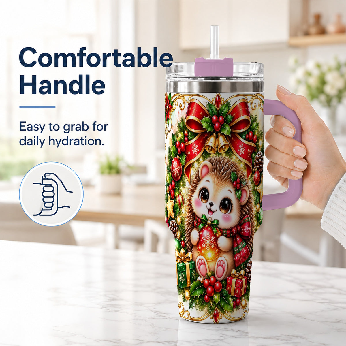 #pl[40oz|Pink] Christmas Hedgehog 40oz Tumbler with Handle, Woodland Holiday Design