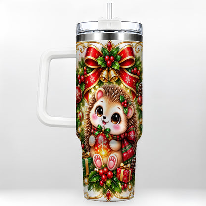 Christmas Hedgehog 40oz Tumbler with Handle, Woodland Holiday Design