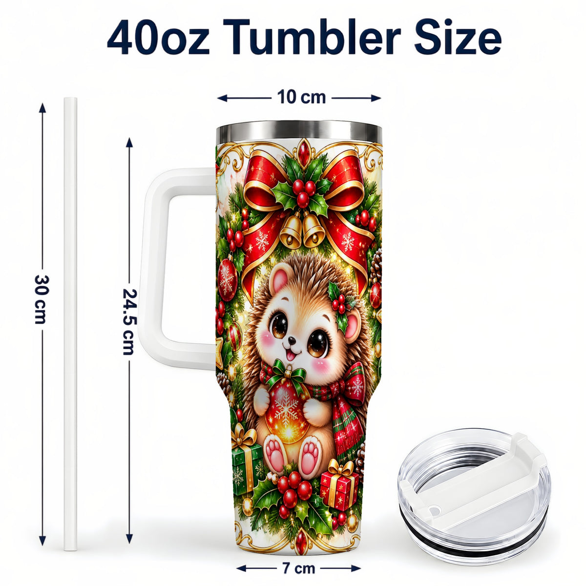 #pl[40oz|White] Christmas Hedgehog 40oz Tumbler with Handle, Woodland Holiday Design