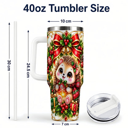 #pl[40oz|White] Christmas Hedgehog 40oz Tumbler with Handle, Woodland Holiday Design