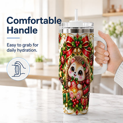#pl[40oz|White] Christmas Hedgehog 40oz Tumbler with Handle, Woodland Holiday Design