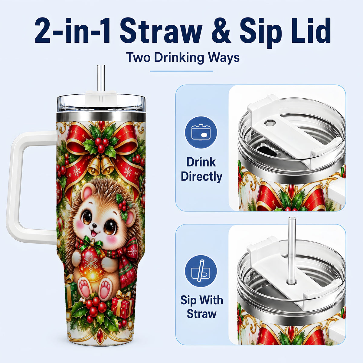 #pl[40oz|White] Christmas Hedgehog 40oz Tumbler with Handle, Woodland Holiday Design