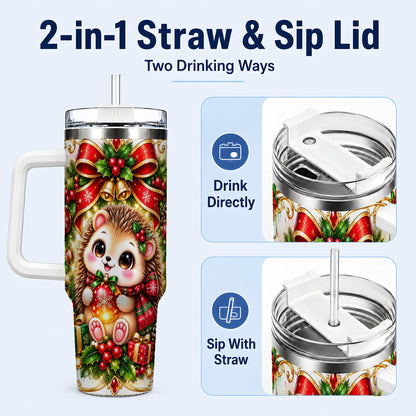 #pl[40oz|White] Christmas Hedgehog 40oz Tumbler with Handle, Woodland Holiday Design