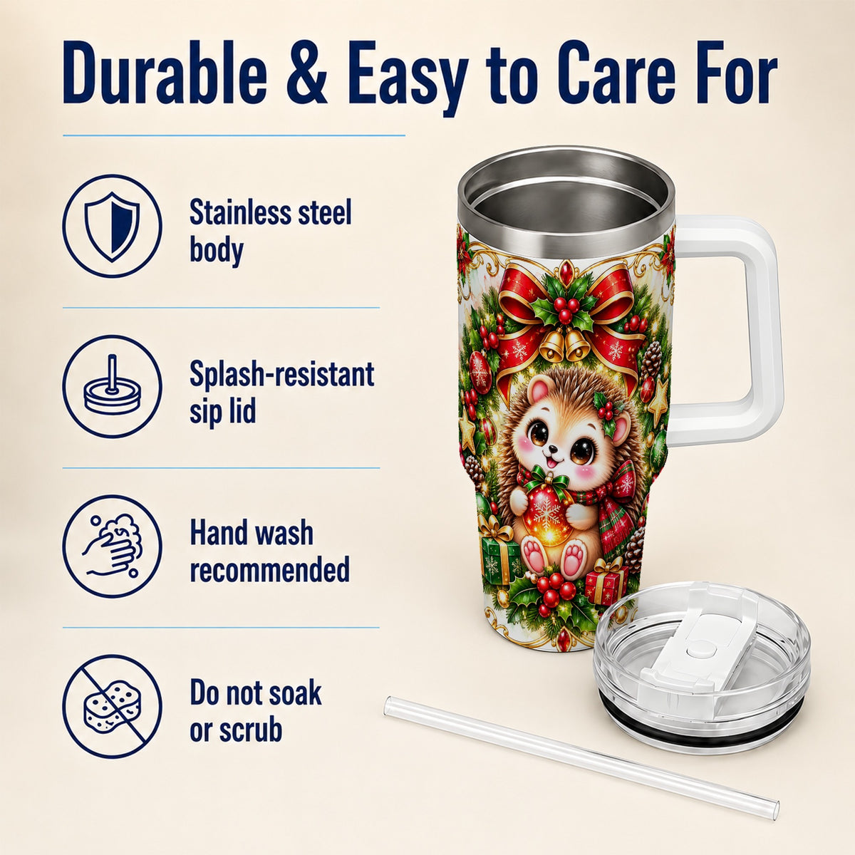 Christmas Hedgehog 40oz Tumbler with Handle, Woodland Holiday Design