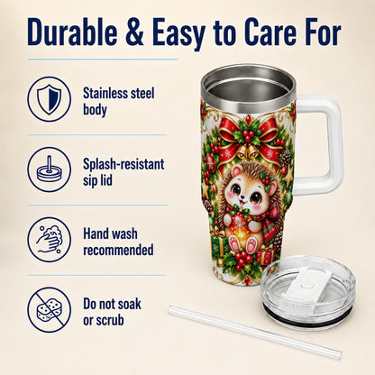 Christmas Hedgehog 40oz Tumbler with Handle, Woodland Holiday Design