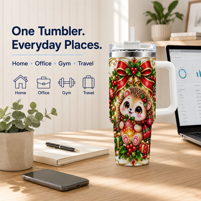 Christmas Hedgehog 40oz Tumbler with Handle, Woodland Holiday Design