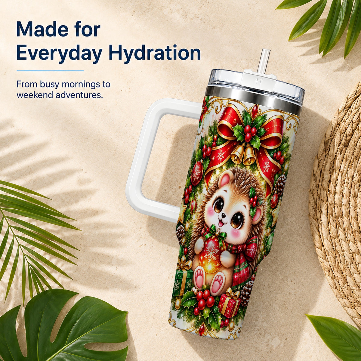 Christmas Hedgehog 40oz Tumbler with Handle, Woodland Holiday Design