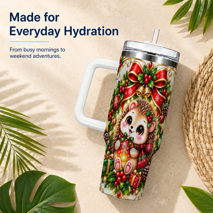 Christmas Hedgehog 40oz Tumbler with Handle, Woodland Holiday Design