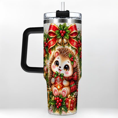 #pl[40oz|Black] Cute Christmas Hedgehog 40oz Tumbler with Handle, Watercolor Animal Art