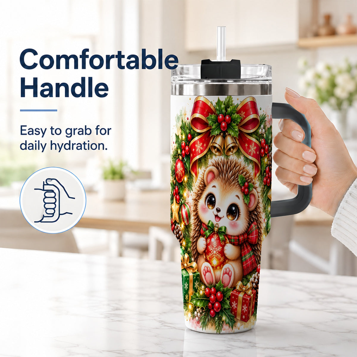 #pl[40oz|Black] Cute Christmas Hedgehog 40oz Tumbler with Handle, Watercolor Animal Art