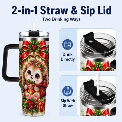 #pl[40oz|Black] Cute Christmas Hedgehog 40oz Tumbler with Handle, Watercolor Animal Art