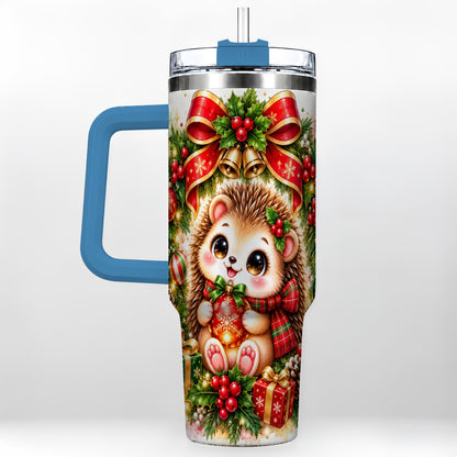 #pl[40oz|Blue] Cute Christmas Hedgehog 40oz Tumbler with Handle, Watercolor Animal Art