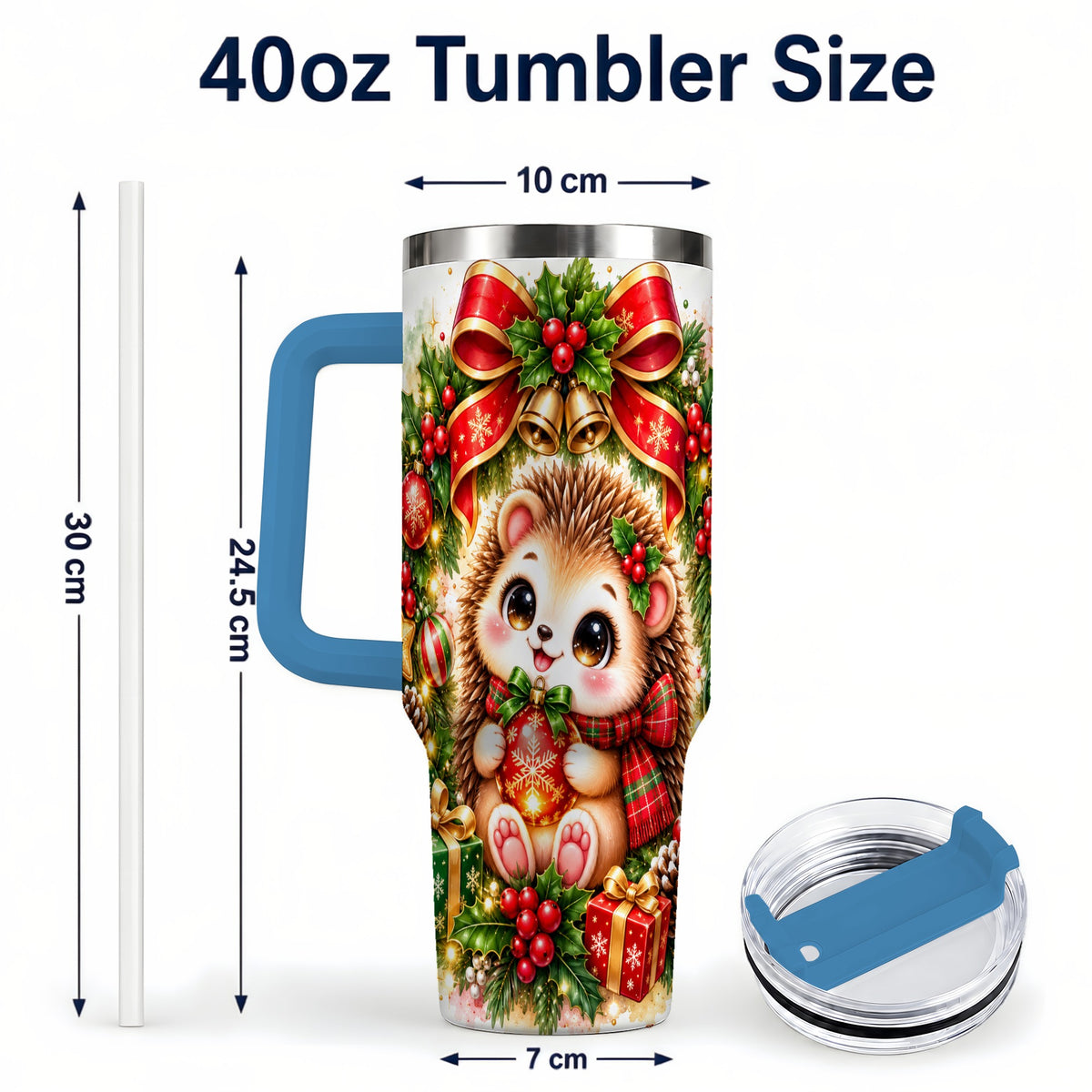 #pl[40oz|Blue] Cute Christmas Hedgehog 40oz Tumbler with Handle, Watercolor Animal Art
