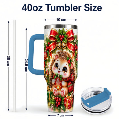 #pl[40oz|Blue] Cute Christmas Hedgehog 40oz Tumbler with Handle, Watercolor Animal Art