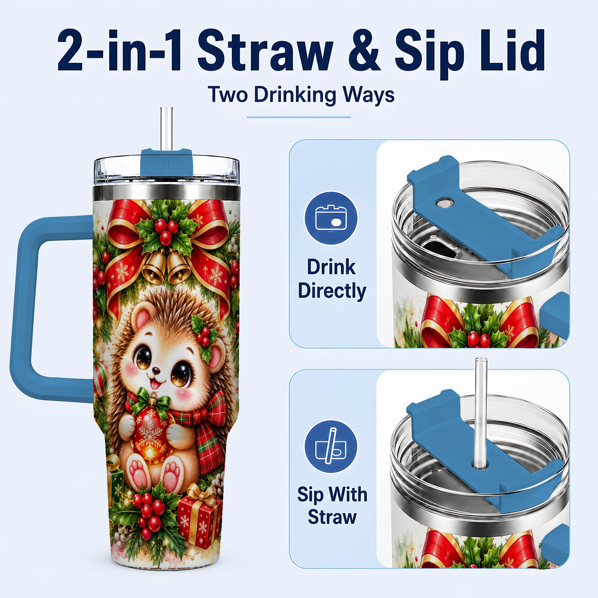 #pl[40oz|Blue] Cute Christmas Hedgehog 40oz Tumbler with Handle, Watercolor Animal Art