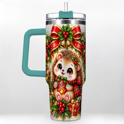 #pl[40oz|Green] Cute Christmas Hedgehog 40oz Tumbler with Handle, Watercolor Animal Art