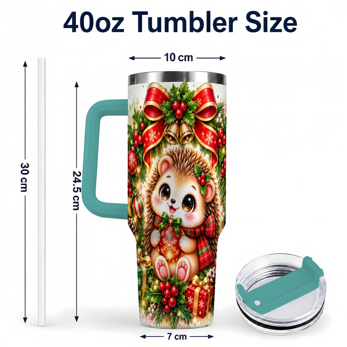 #pl[40oz|Green] Cute Christmas Hedgehog 40oz Tumbler with Handle, Watercolor Animal Art