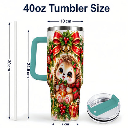 #pl[40oz|Green] Cute Christmas Hedgehog 40oz Tumbler with Handle, Watercolor Animal Art