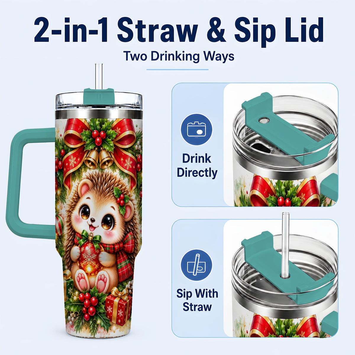 #pl[40oz|Green] Cute Christmas Hedgehog 40oz Tumbler with Handle, Watercolor Animal Art