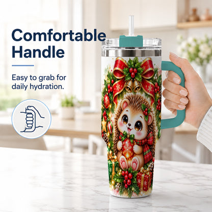 #pl[40oz|Green] Cute Christmas Hedgehog 40oz Tumbler with Handle, Watercolor Animal Art