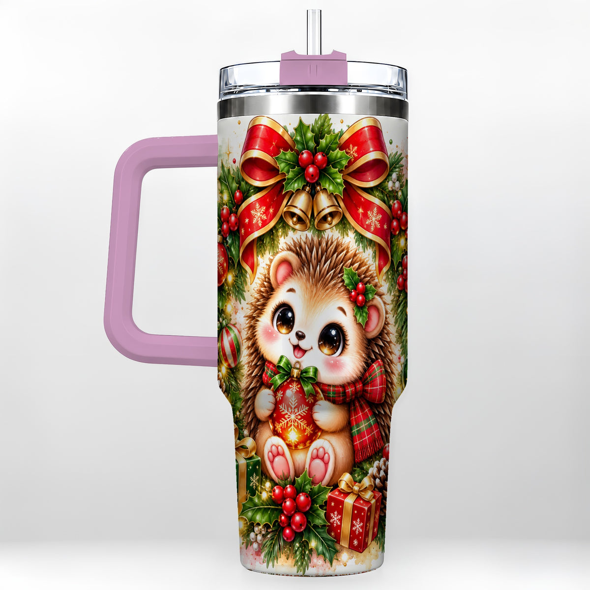 #pl[40oz|Pink] Cute Christmas Hedgehog 40oz Tumbler with Handle, Watercolor Animal Art