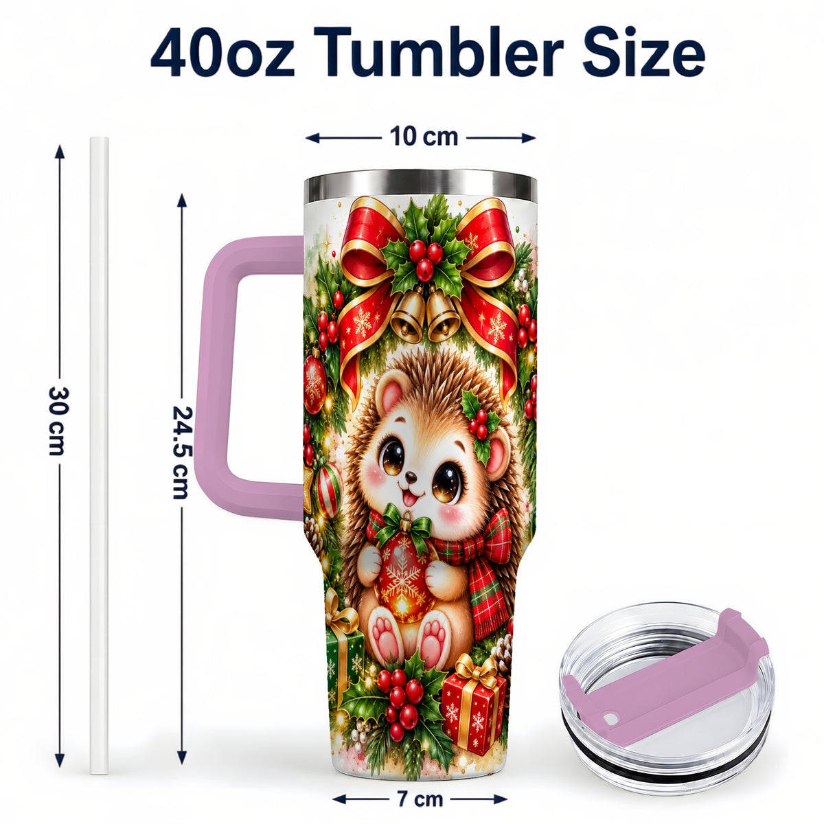 #pl[40oz|Pink] Cute Christmas Hedgehog 40oz Tumbler with Handle, Watercolor Animal Art